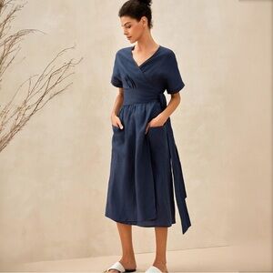 New Lintico Celeste Linen Kimono Wrap Dress Size Large Navy Blue